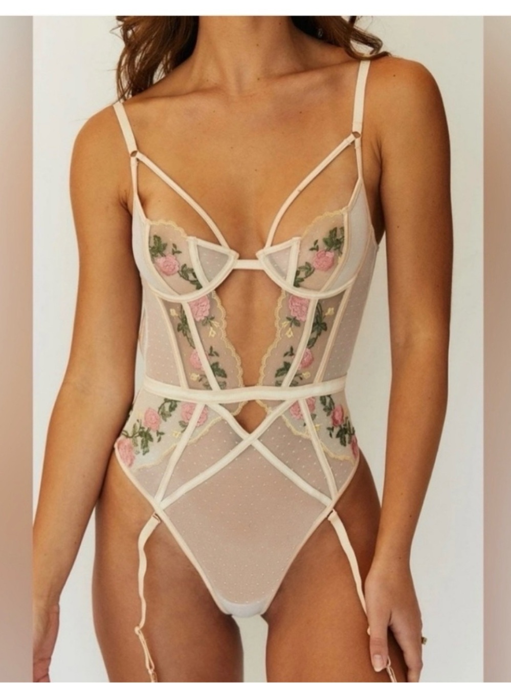 Sheer Cream Floral Embroidered Bodysuit with Pink Roses